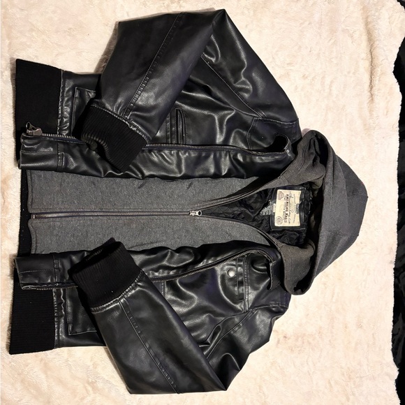 AMERICAN RAG black and grey faux double layer fabric LEATHER JACKET size M - Picture 5 of 6